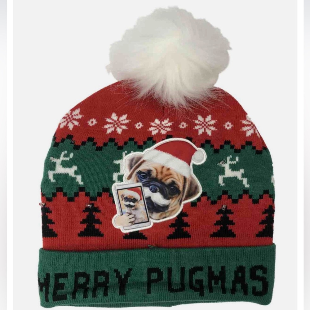 NWT Merry Pugmas Christmas Blinking Light Up Hat Pug Dog Stocking Cap Beani